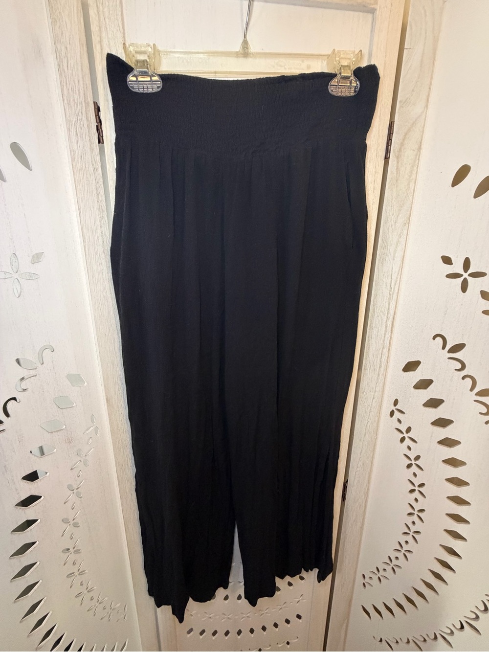 Cozy Casual Black Smocked Wide-Leg Pants